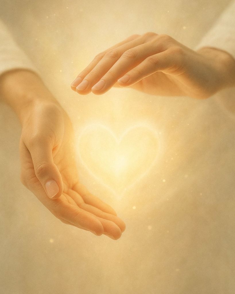 Magnétisme — mains tenant un cœur de lumière